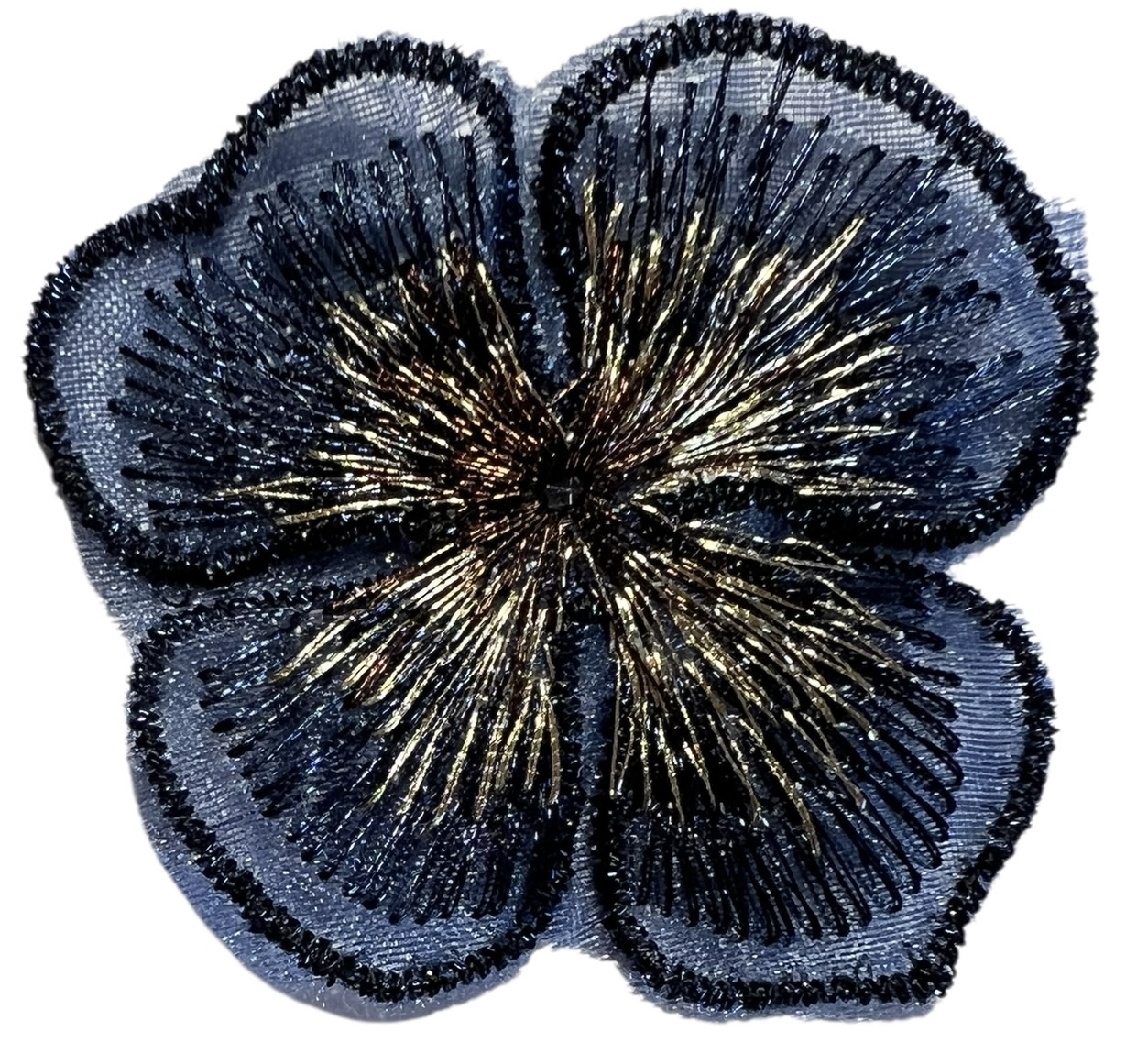 Geborduurde donker blauw -goud, +/- 40x45 mm