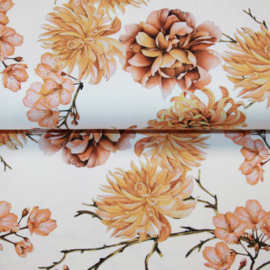 Digitale print tricot: FLOWERS WHITE-OCRE, per 25 cm