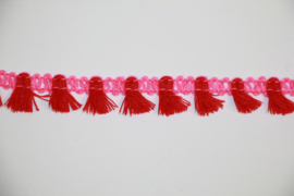 Roze/rood kwastjesband 15mm, per 0,5 meter