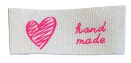Labeltje wit bedrukt  knalroze hand made 35x15 mm