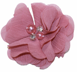 Stoffen bloem 6 cm met kraaltjes en rhinestones, oudroze