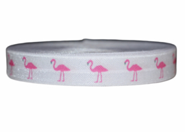 Elastisch band wit met fuchsia roze flamingo 16 mm per 0,5 meter