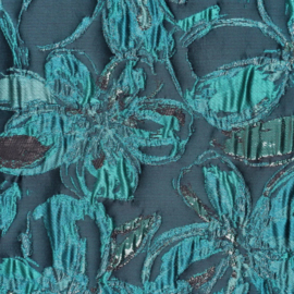 Lyon Jacquard petrol/mint gebloemd, per 25 cm