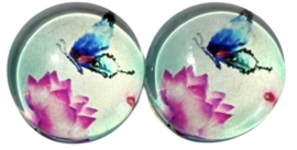 12 mm glas cabochon mint met bloem en vlinder, per 2 stuks