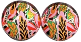 12 mm glas cabochon vrolijk gebloemd, per 2 stuks