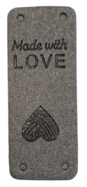 Kunstleer labeltje made with love 20x50 mm, grijs