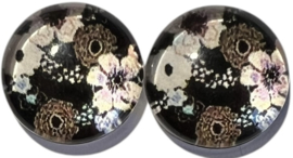 12 mm glas cabochon zwart gebloemd, per 2 stuks