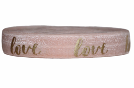 Elastisch band zalmoranje met gouden letters LOVE 16 mm: 7,25 meter!