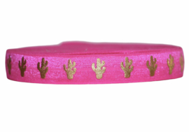 Elastisch band neonroze met gouden cactus 16 mm: 5 meter!