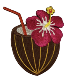 Applicatie kokosnoot drankje met bloem bruin/fuchsia 55x80 mm