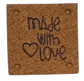 Kunstleer labeltje made with love 25x25 mm, warmbruin