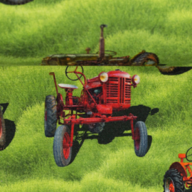 Digitale print tricot: Old Timers tractors groen  (Sansa, Swafing) , per 25 cm