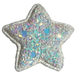 Applicatie glitter ster 38mm, wit met blauwe glitters