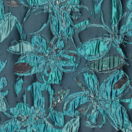 Lyon Jacquard petrol/mint gebloemd, per 25 cm