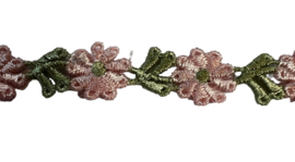 Kant met bloemetje roze en blad groen 12 mm, per 0,5 meter
