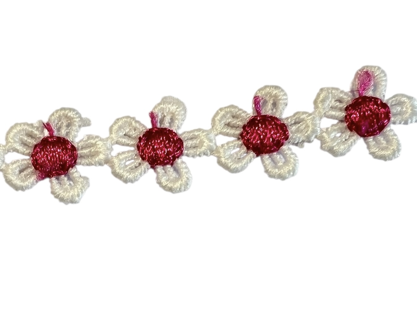 Bloemetjes geborduurd wit-fuchsia 15 mm, per 4 stuks