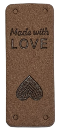 Kunstleer labeltje made with love 20x50 mm, bruin