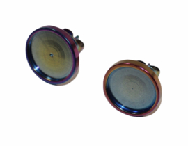 Oorbellen RVS kleur aurora 15 x 15mm met cabochon setting 12mm per paar.