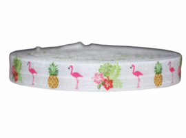 Elastisch band wit flamingo ananas en bloemen 16 mm per 0,5 meter