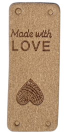 Kunstleer labeltje made with love 20x50 mm, tan