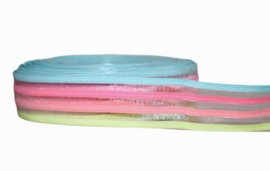 Blauw/roze/geel gestreept -doorzichtig elastiek 25 mm per 0,5 meter