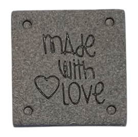 Kunstleer labeltje made with love 25x25 mm, grijs
