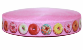 Elastisch band roze met donuts 16 mm per 0,5 meter