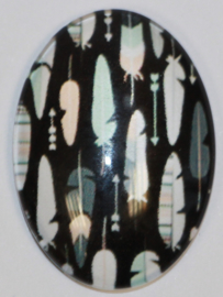 Glas flatback cabochon zwart met veertjes 18 x 25 mm
