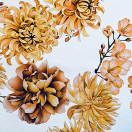 Digitale print tricot: FLOWERS WHITE-OCRE, per 25 cm