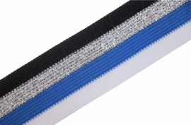 'Broek' streep: wit-blauw-zilver lurex-zwart 40mm, per 0,5 meter