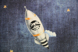Katoen: jeanskleur met raket/vliegtuig  (stenzo) per 25cm