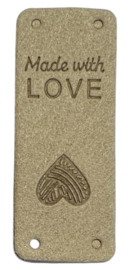 Kunstleer labeltje made with love 20x50 mm, beige
