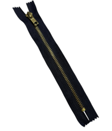 Metalen rits donkerblauw/ messing niet deelbaar 18 cm