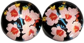 12 mm glas cabochon zwart met roze bloem, per 2 stuks