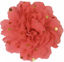 Stoffen bloem: neon roze met gouden stip 10 cm