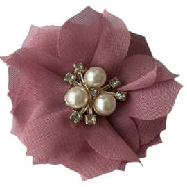 Stoffen bloem 6 cm met kraaltjes en rhinestones, oudroze