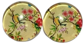 Glas flatback cabochon 12mm vogeltje lichtgeel, per 2 stuks