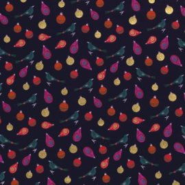 Katoen poplin: GOLD FOIL CHRISTMAS BIRDS MARINE, per 25 cm