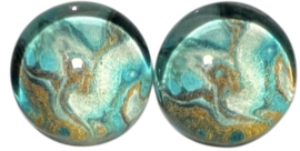 12 mm glas cabochon aqua/goud, per 2 stuks