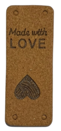 Kunstleer labeltje made with love 20x50 mm, warmbruin