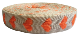 Keperband ecru met hartjes knaloranje 16 mm, per 0,5 meter
