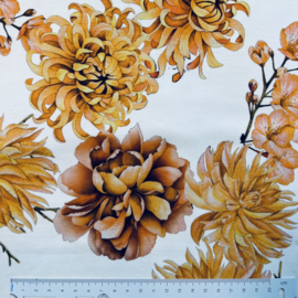 Digitale print tricot: FLOWERS WHITE-OCRE, per 25 cm