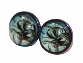 Oorbellen RVS kleur aurora 15 x 15mm met cabochon setting 12mm per paar.