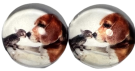 Glas flatback cabochon 12mm hond en kitten, per 2 stuks