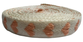 Keperband ecru met hartjes zalm 16 mm, per 0,5 meter