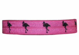 Elastisch band fuchsiaroze met zwarte flamingo 16 mm per 0,5 meter