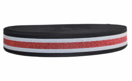 zwart/wit/rood glitter streepjes elastiek 30mm per 0,5 meter