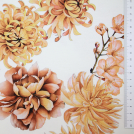 Digitale print tricot: FLOWERS WHITE-OCRE, per 25 cm