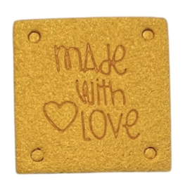 Kunstleer labeltje made with love 25x25 mm, maïsgeel