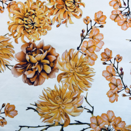 Digitale print tricot: FLOWERS WHITE-OCRE, per 25 cm